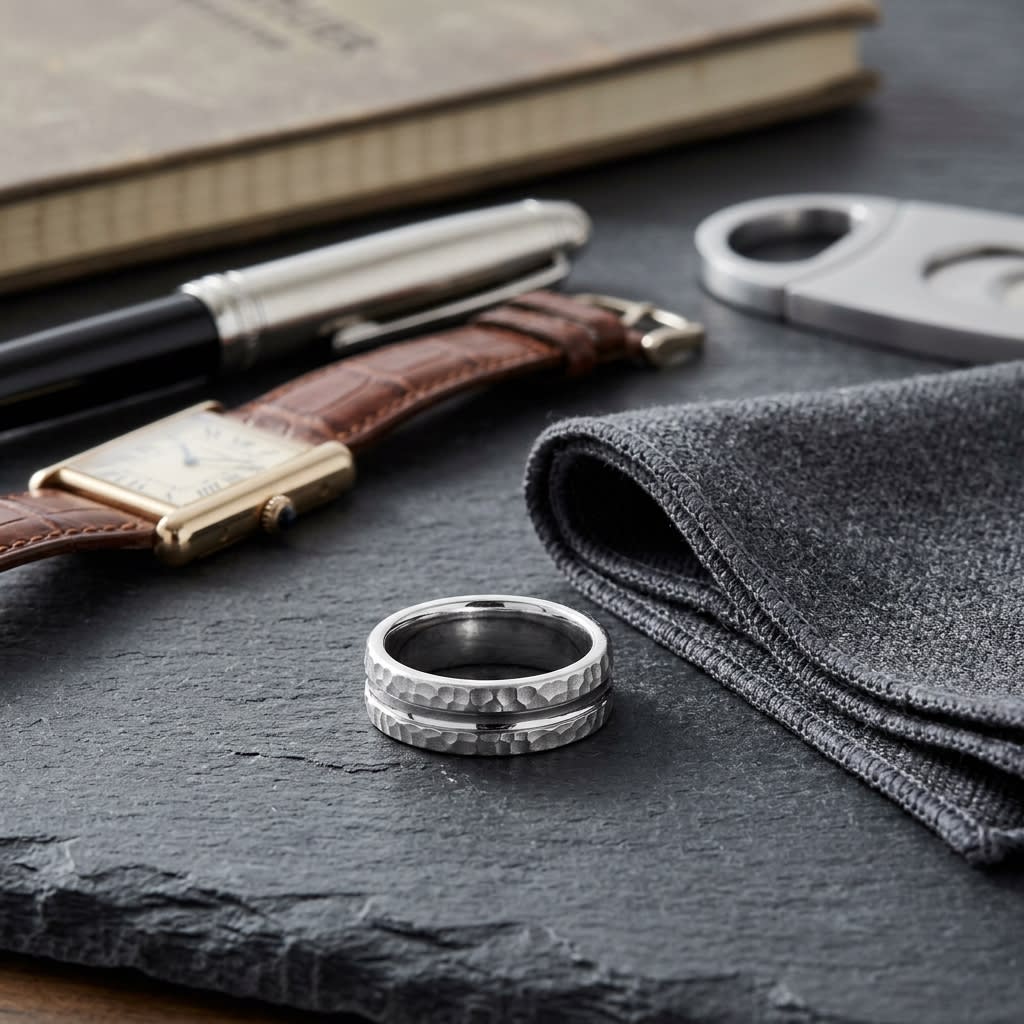 7.5mm Hammered Finish Carved Wedding Band in Platinum, on walnut surface with pocket square