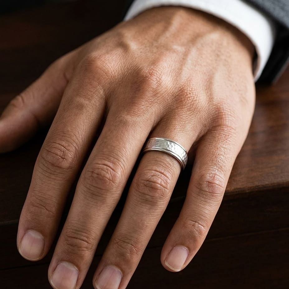 6mm Hammered Finish Carved Wedding Band in Platinum, worn on hand, masculine close-up