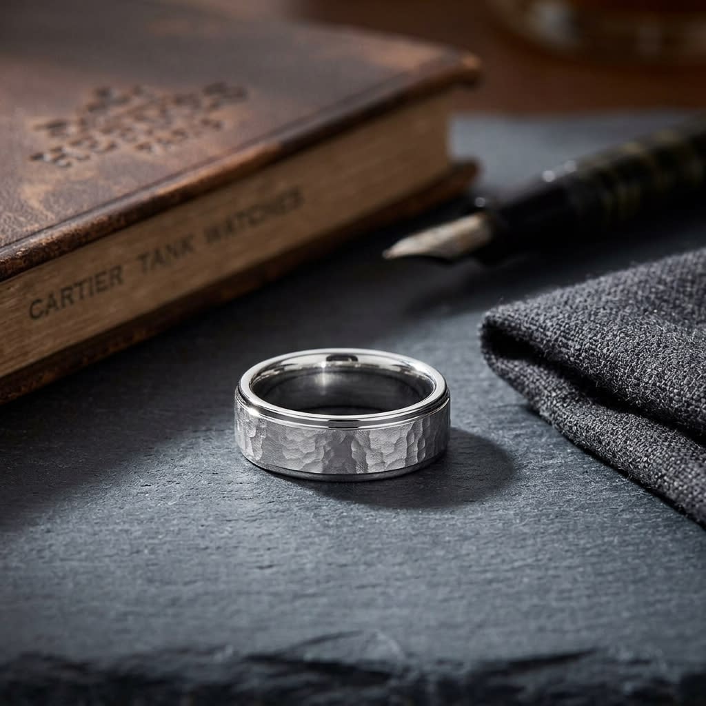 6mm Hammered Finish Carved Wedding Band in Platinum, on walnut surface with pocket square