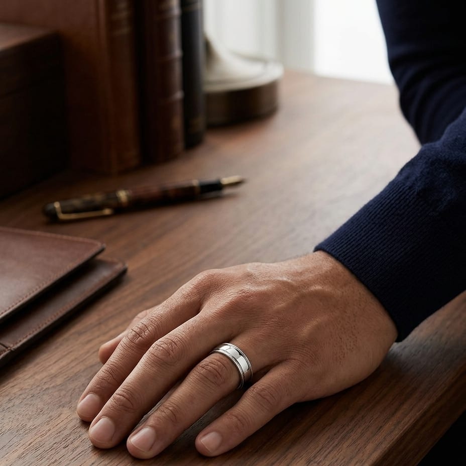 6mm High Polish Round Edge Carved Wedding Band in Platinum, worn on hand, masculine full view