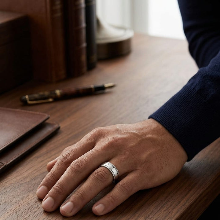 6mm High Polish Round Edge Carved Wedding Band in Platinum, worn on hand, masculine full view