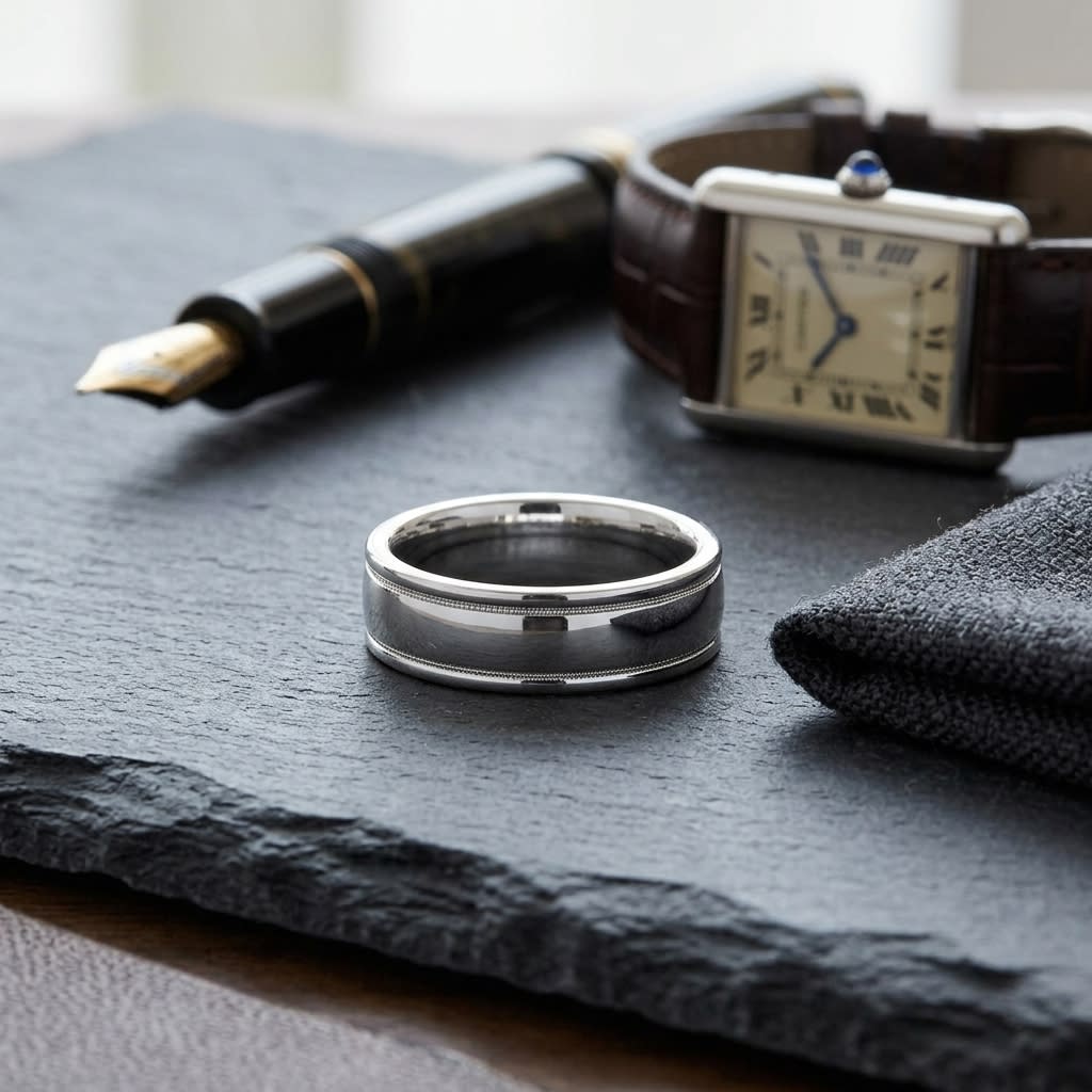 6mm High Polish Round Edge Carved Wedding Band in Platinum, on walnut surface with pocket square