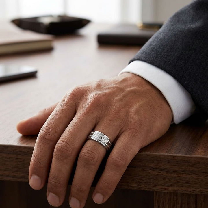 7.5mm High Polish Round Edge Carved Wedding Band in Platinum, worn on hand, masculine full view