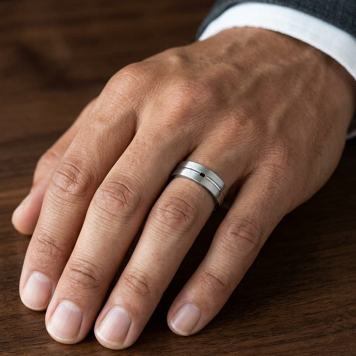 6mm Satin Finish High Polished Center Cut Carved Wedding Band in Platinum, worn on hand, masculine close-up