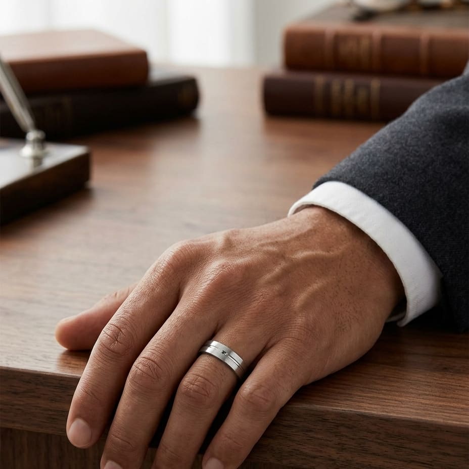 6mm Satin Finish High Polished Center Cut Carved Wedding Band in Platinum, worn on hand, masculine full view