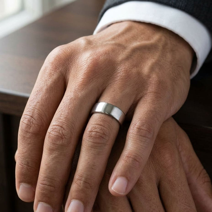 7.5mm Satin Finish Carved Wedding Band in Platinum with Yellow Gold, worn on hand, masculine close-up