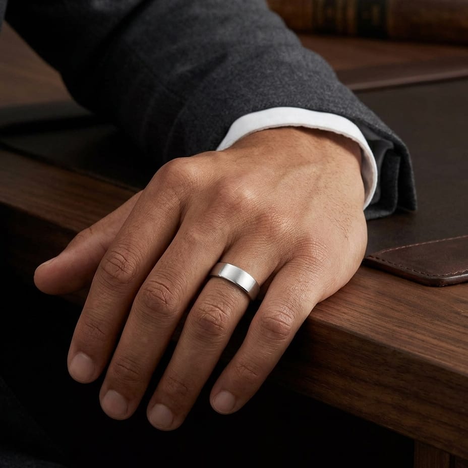 7.5mm Satin Finish Carved Wedding Band in Platinum with Yellow Gold, worn on hand, masculine full view