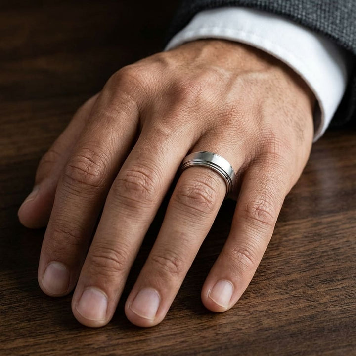 8mm Satin Finish Carved Wedding Band in Platinum, worn on hand, masculine close-up