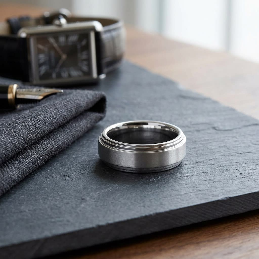 8mm Satin Finish Carved Wedding Band in Platinum, on walnut surface with pocket square