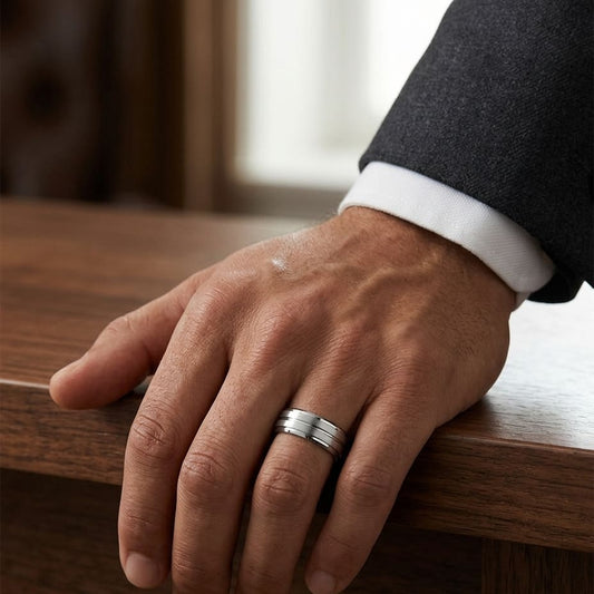 8mm Satin Finish High Polished Center Cut Carved Wedding Band in Platinum, worn on hand, masculine full view