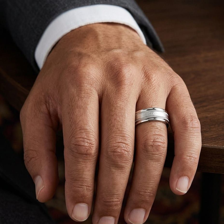 7mm Round Edge Swirl Finish Carved Wedding Band in Platinum, worn on hand, masculine close-up