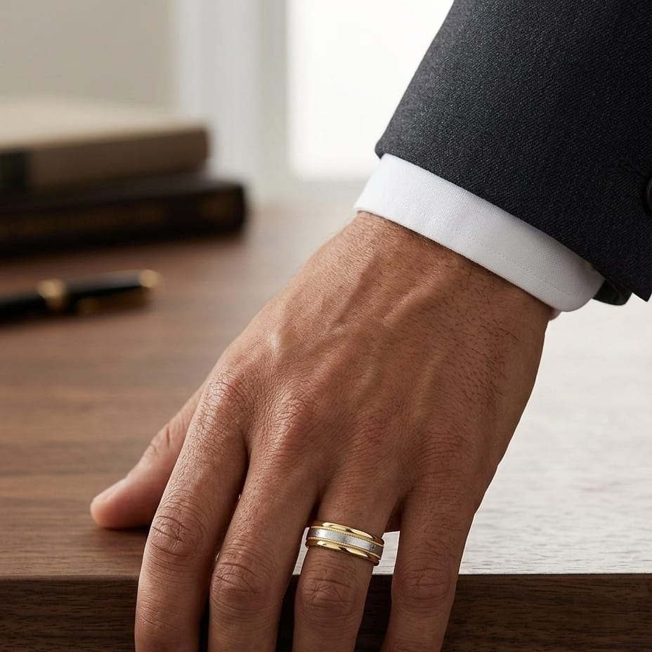 7mm Round Edge Swirl Finish Carved Wedding Band in Platinum, worn on hand, masculine full view