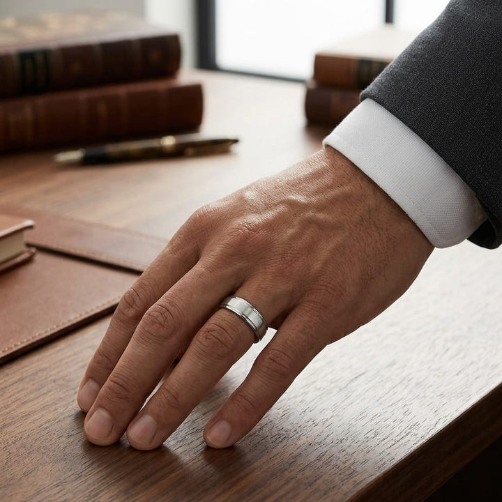 6.5mm Drop Edge High Polish Carved Wedding Band in Platinum, worn on hand, masculine full view