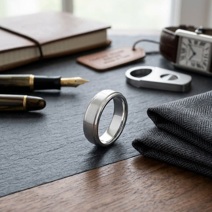 6.5mm Drop Edge High Polish Carved Wedding Band in Platinum, on walnut surface with pocket square