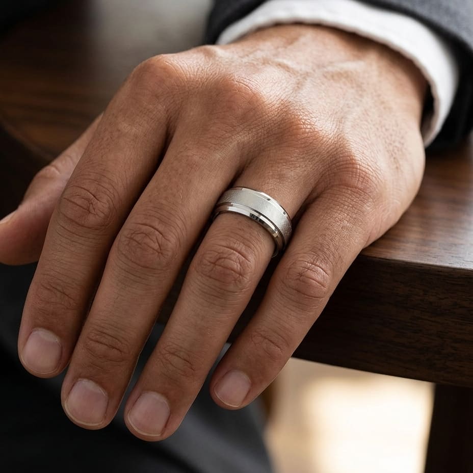 7mm Round Edge Swirl Finish Carved Wedding Band in Platinum, worn on hand, masculine close-up