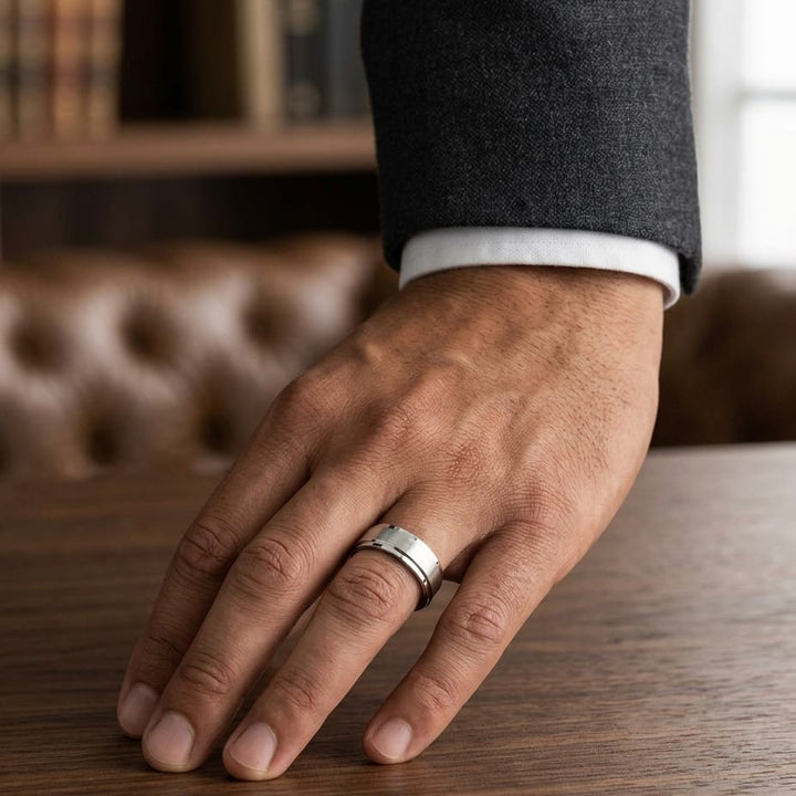 7mm Satin Finish Carved Wedding Band in Platinum, worn on hand, masculine full view