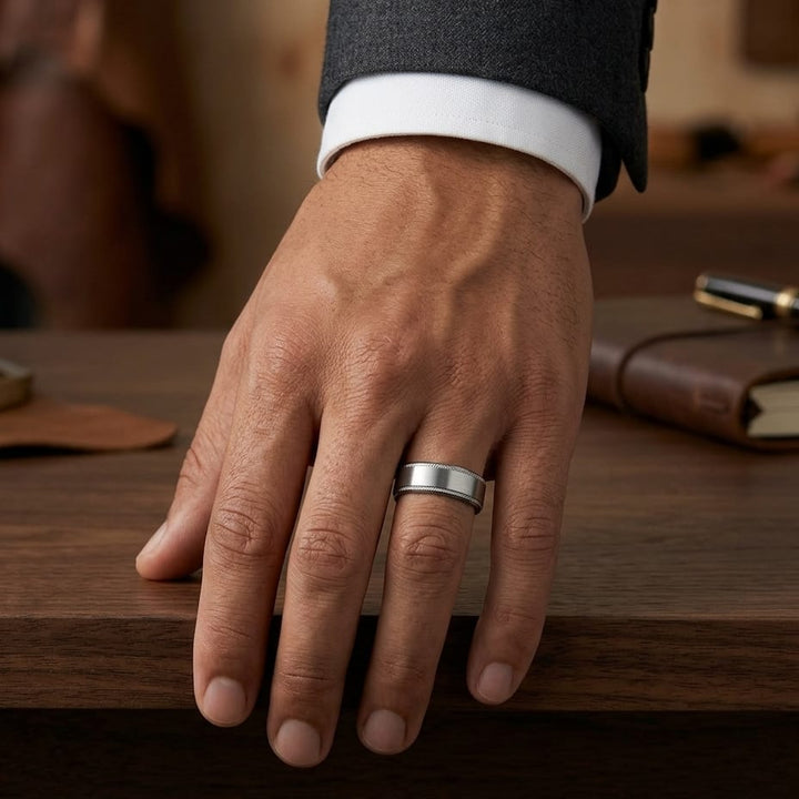 8mm Satin Finish Carved Wedding Band in Platinum, worn on hand, masculine full view