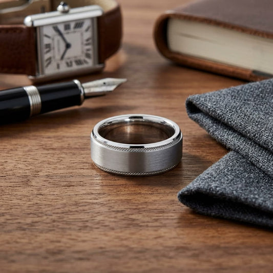 8mm Satin Finish Carved Wedding Band in Platinum, on walnut surface with pocket square