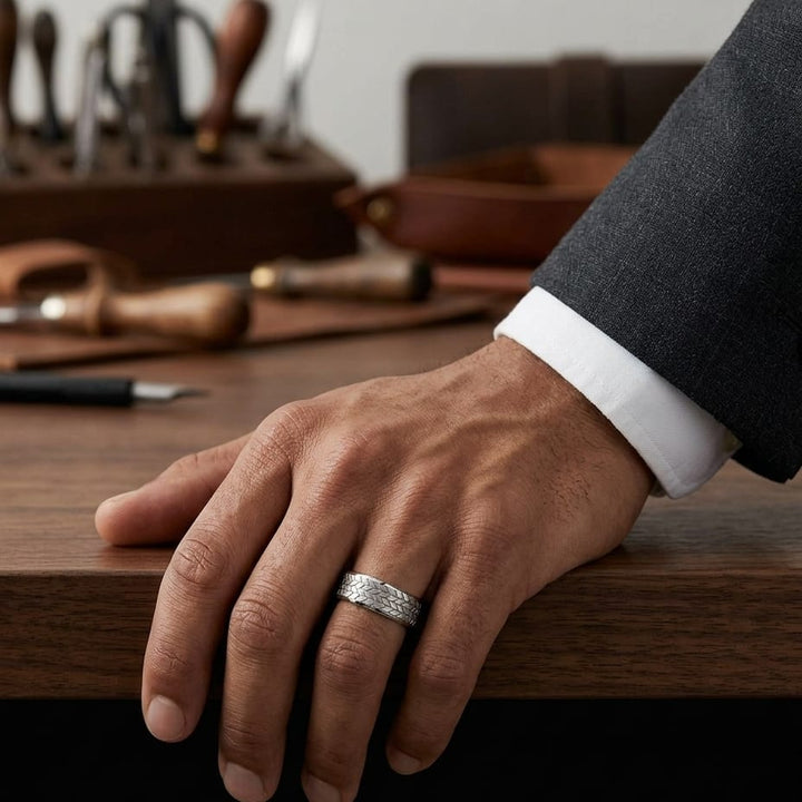 8mm Beveled Edge Treaded Carved Wedding Band in Platinum, worn on hand, masculine full view