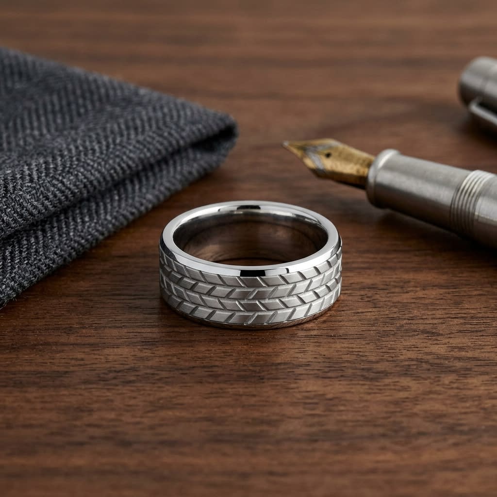 8mm Beveled Edge Treaded Carved Wedding Band in Platinum, on walnut surface with pocket square