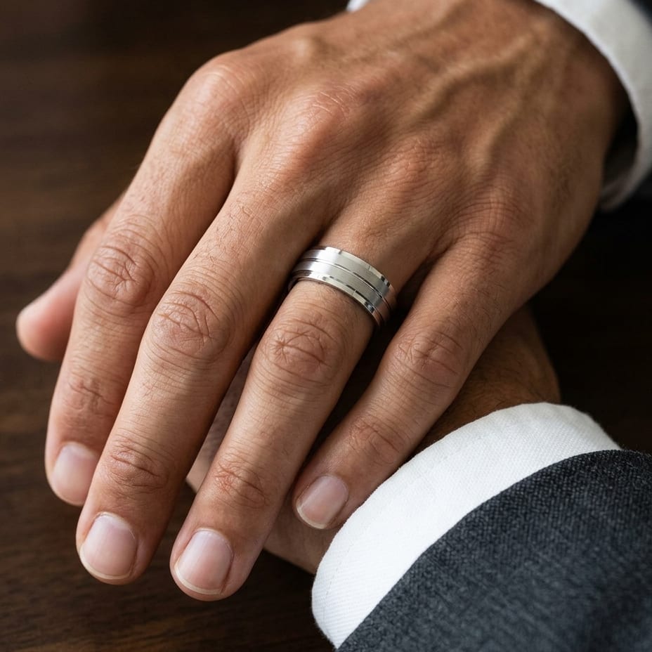 8mm Satin Finish Carved Wedding Band in Platinum, worn on hand, masculine close-up