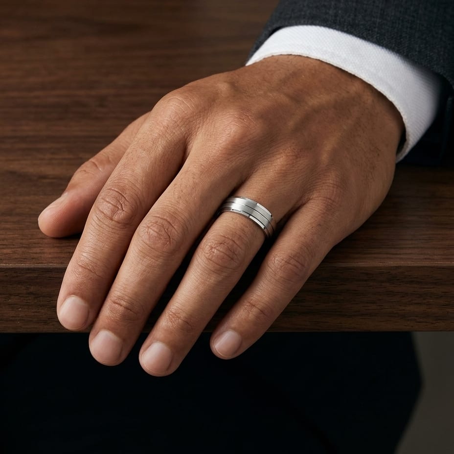 8mm Satin Finish Carved Wedding Band in Platinum, worn on hand, masculine full view