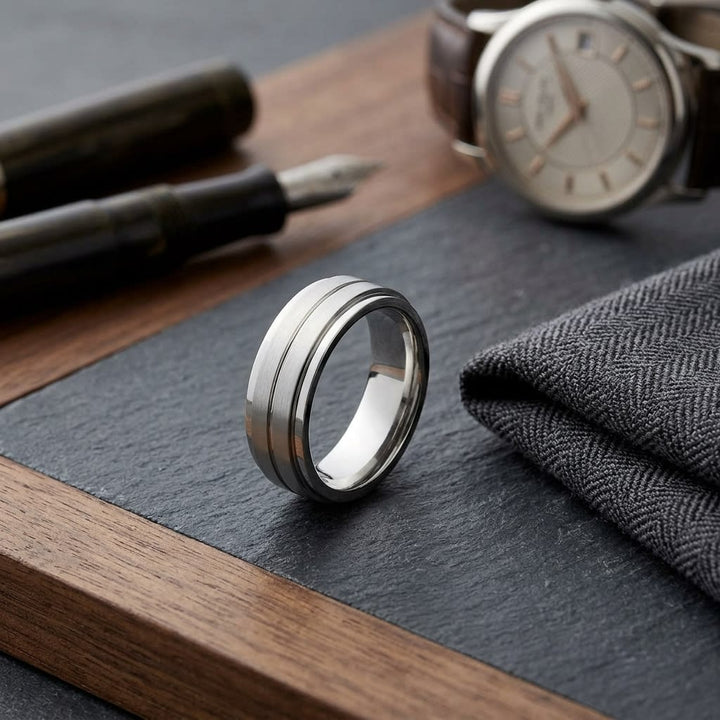 8mm Satin Finish Carved Wedding Band in Platinum, on walnut surface with pocket square