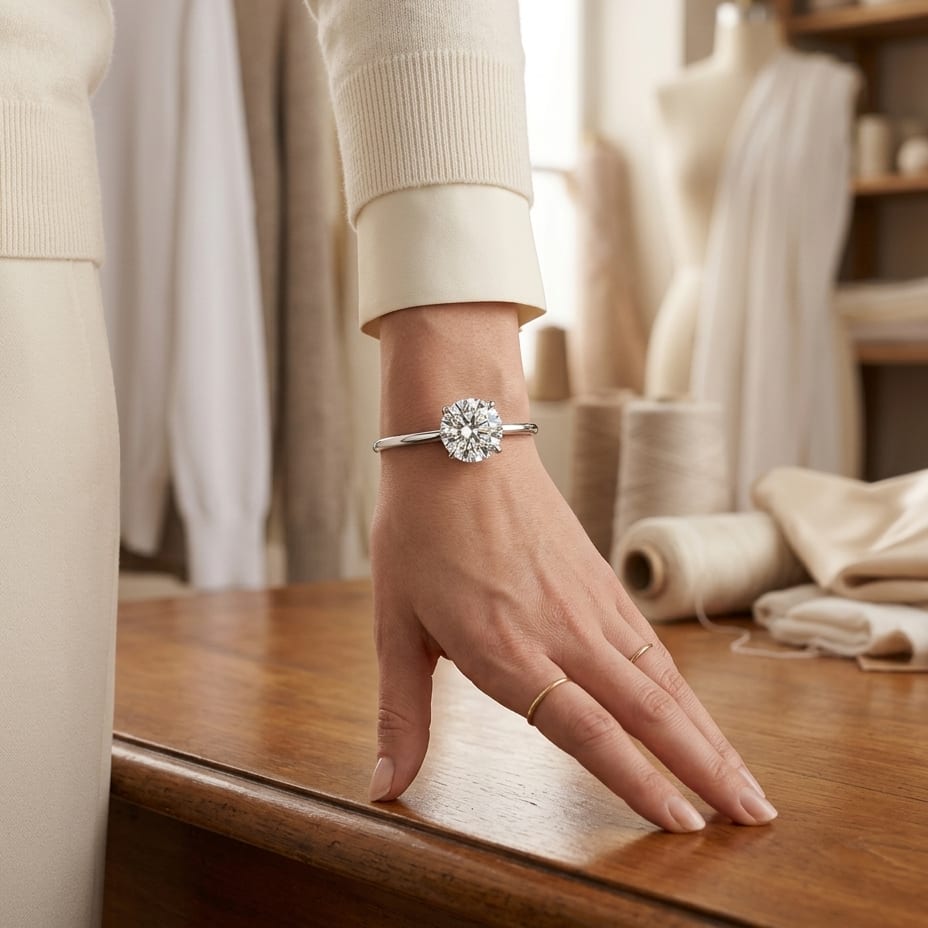 Natural Diamond Round Brilliant Three Prong Martini Stud Earrings in Platinum, 1/10 ct. t.w., worn on hand, full view
