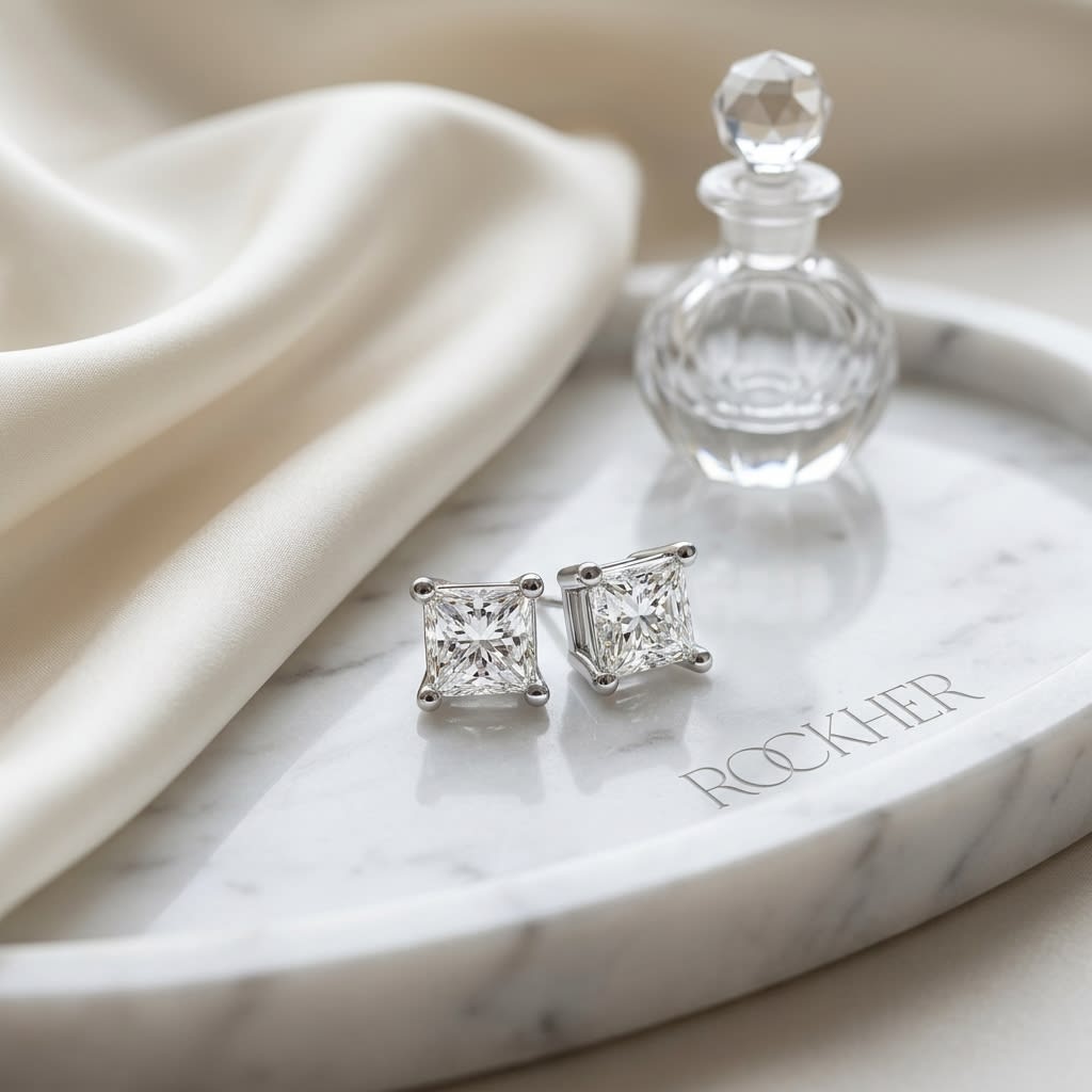 Natural Diamond Princess Cut Four Prong Stud Earrings in Platinum, 1/3 ct. t.w., on marble vanity tray with silk