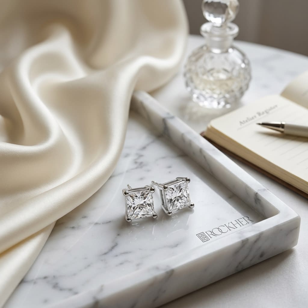 Natural Diamond Princess Cut Four Prong Stud Earrings in Platinum, 1/3 ct. t.w., on marble vanity tray with silk