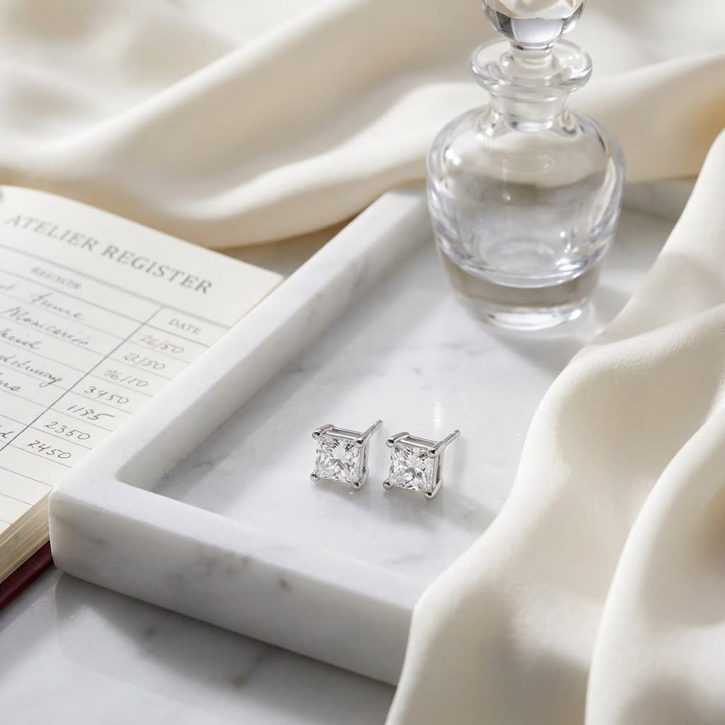 Natural Diamond Princess Cut Four Prong Stud Earrings in Platinum, 1.1 ct. t.w., on marble vanity tray with silk