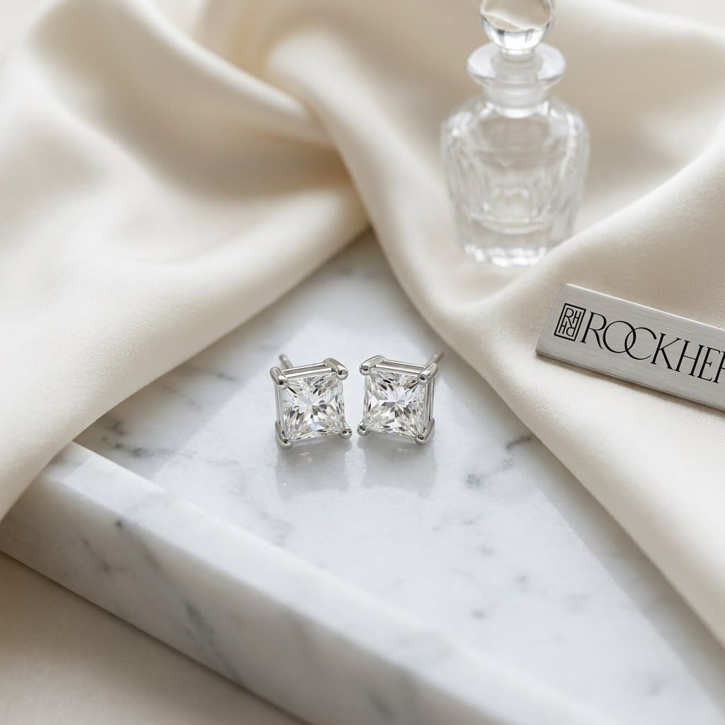 Natural Diamond Princess Cut Four Prong Stud Earrings in Platinum, 1.1 ct. t.w., on marble vanity tray with silk