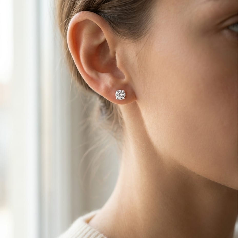 Platinum 4-prong Round Diamond Stud Earrings 1/2ctw (4.0mm Ea), G-h Color, I1 Clarity, worn close-up portrait