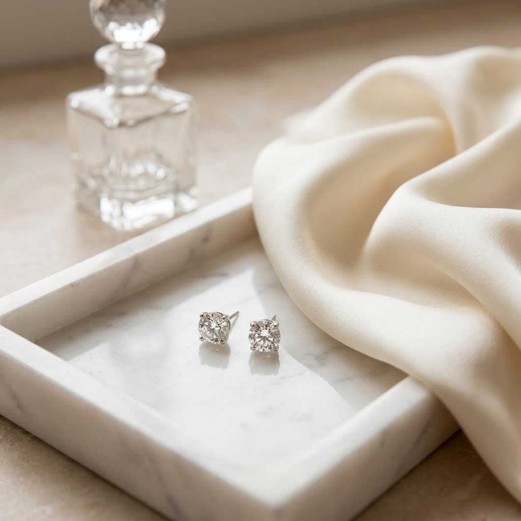 Platinum 4-prong Round Diamond Stud Earrings 1/2ctw (4.0mm Ea), M-n Color, Si2-si3 Clarity, on marble vanity tray with silk