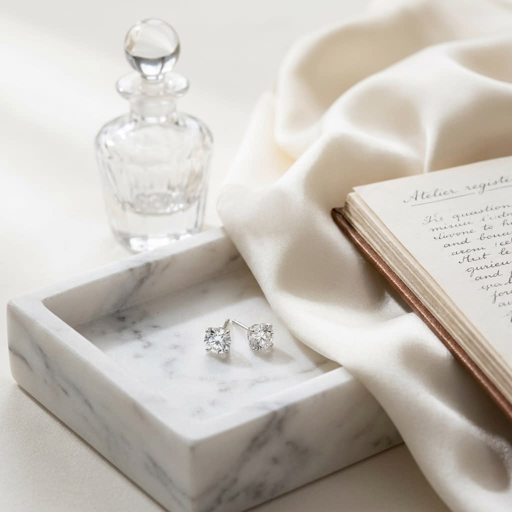 Platinum 4-prong Round Brilliant Diamond Stud Earrings (0.75 Ct. T.w., Vs1-vs2 Clarity, F-g Color), on marble vanity tray with silk