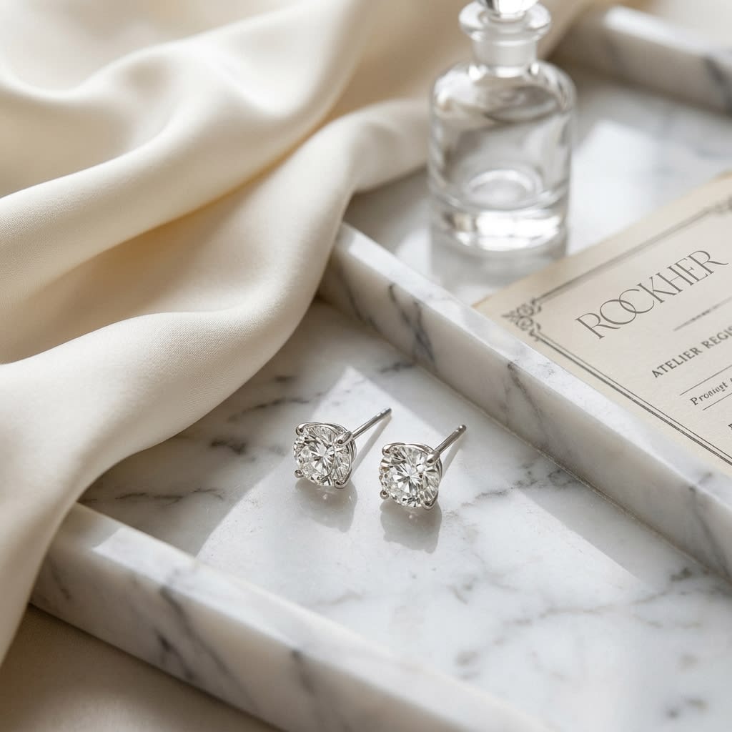 Platinum 4-prong Round Brilliant Diamond Stud Earrings (0.75 Ct. T.w., Si1-si2 Clarity, H-i Color), on marble vanity tray with silk