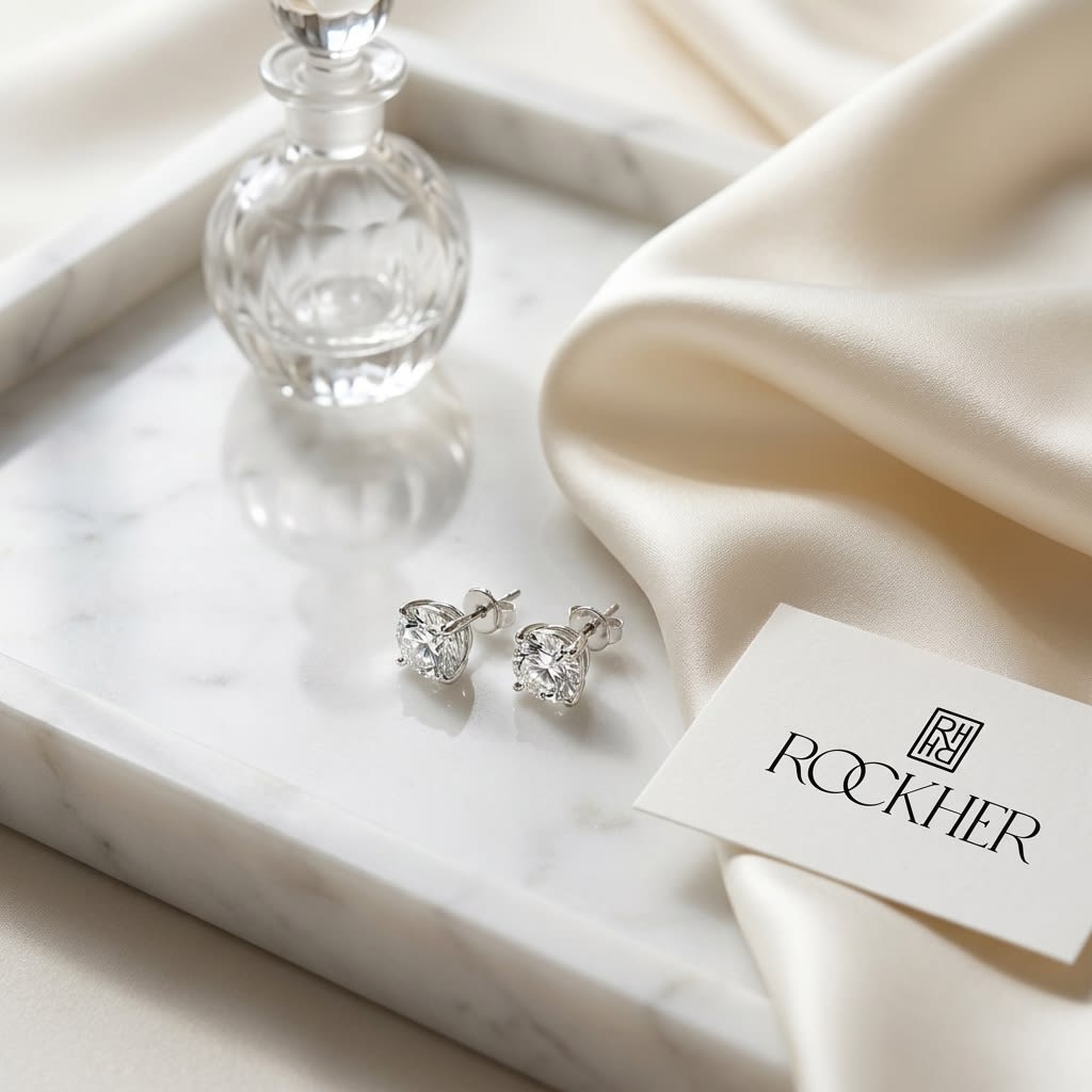 Platinum 4-prong Round Brilliant Diamond Stud Earrings (0.75 Ct. T.w., Si1-si2 Clarity, J-k Color), on marble vanity tray with silk