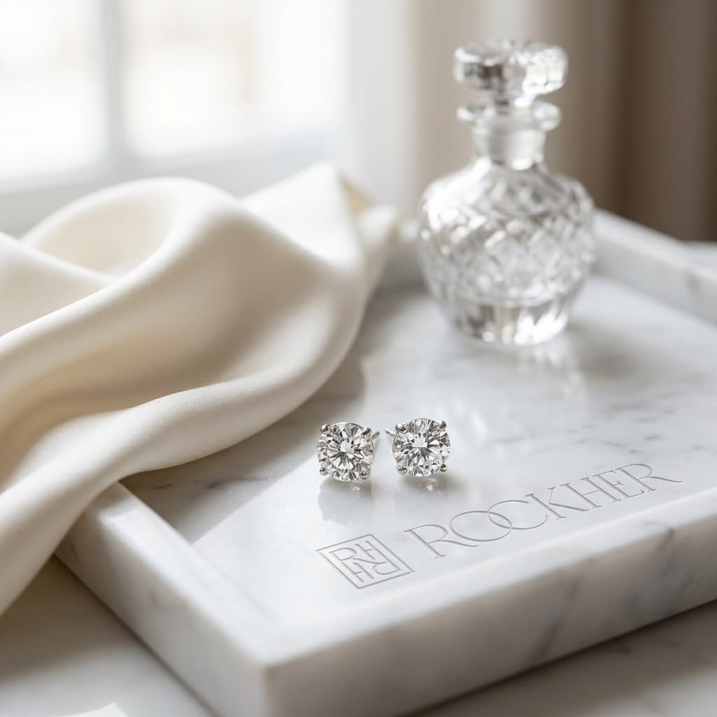 Natural Diamond Round Brilliant Four Prong Stud Earrings in Platinum, 1 ct. t.w., on marble vanity tray with silk