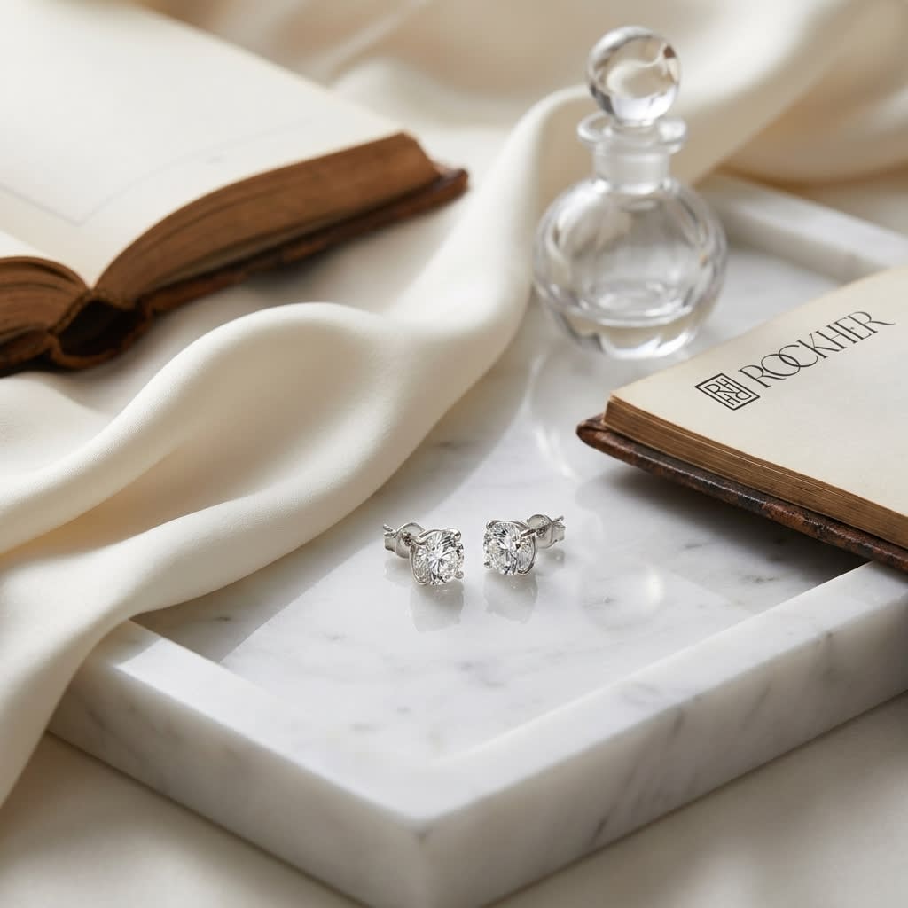 Platinum Bezel Set Round Brilliant Diamond Stud Earrings (0.32 Ct. T.w., Vs1-vs2 Clarity, F-g Color), on marble vanity tray with silk