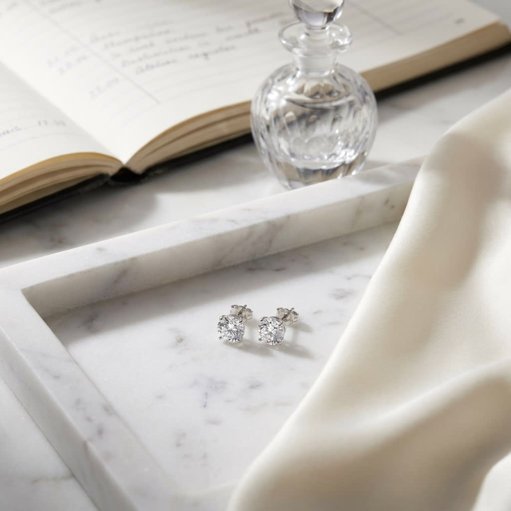 Platinum Bezel Set Round Brilliant Diamond Stud Earrings (0.52 Ct. T.w., Vs1-vs2 Clarity, F-g Color), on marble vanity tray with silk