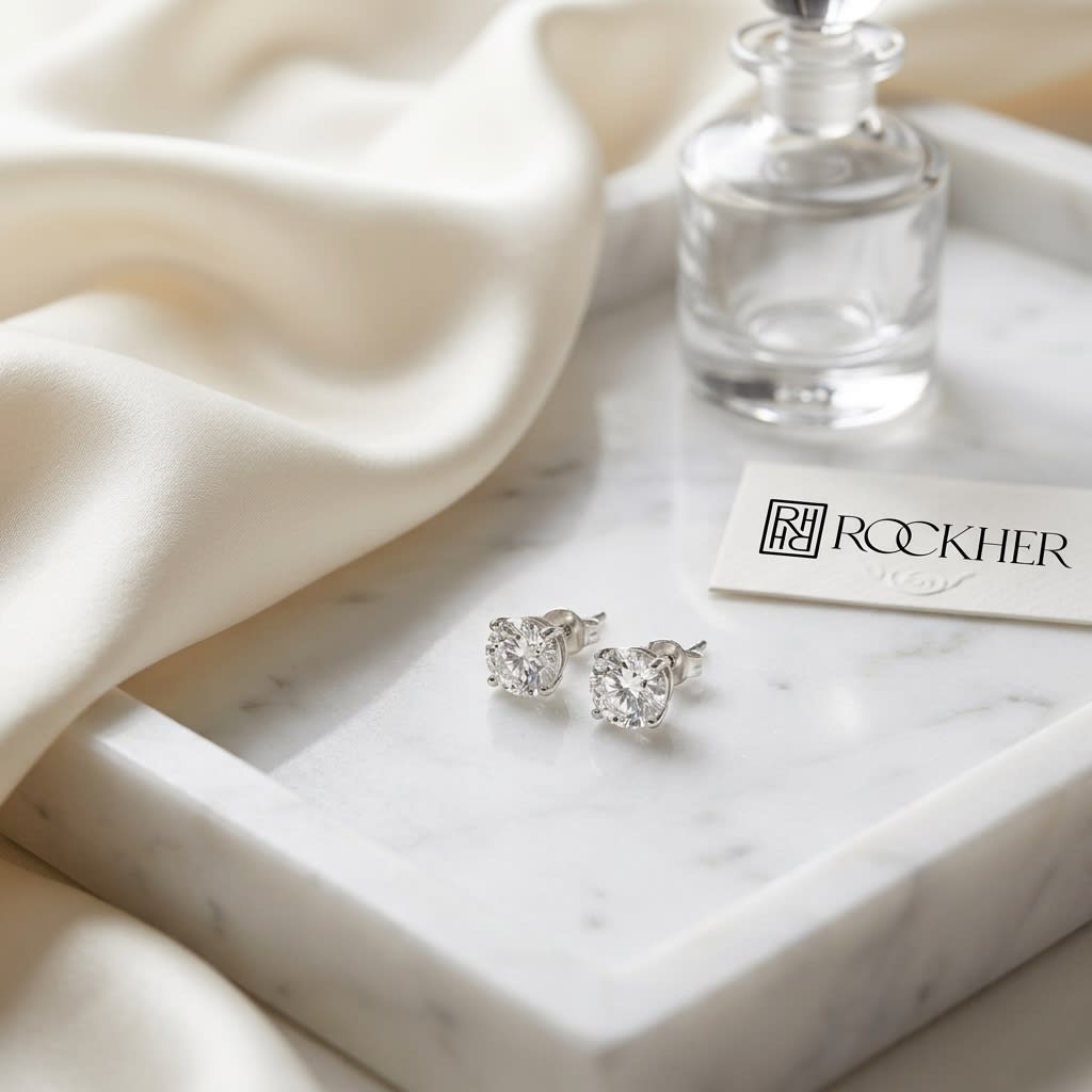 Platinum Bezel Set Round Brilliant Diamond Stud Earrings (0.52 Ct. T.w., Si1-si2 Clarity, H-i Color), on marble vanity tray with silk