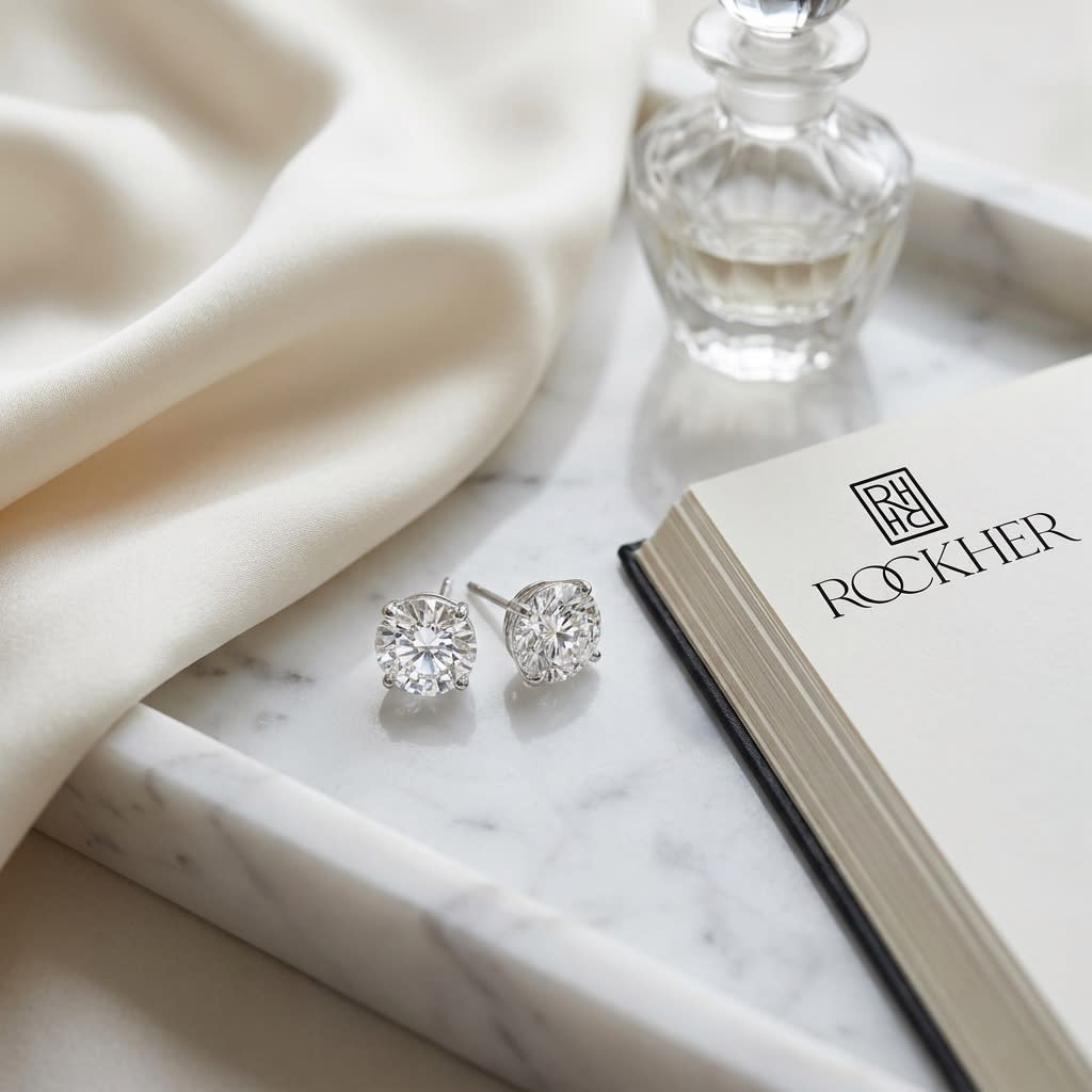 Platinum Bezel Set Round Brilliant Diamond Stud Earrings (0.52 Ct. T.w., Si1-si2 Clarity, J-k Color), on marble vanity tray with silk