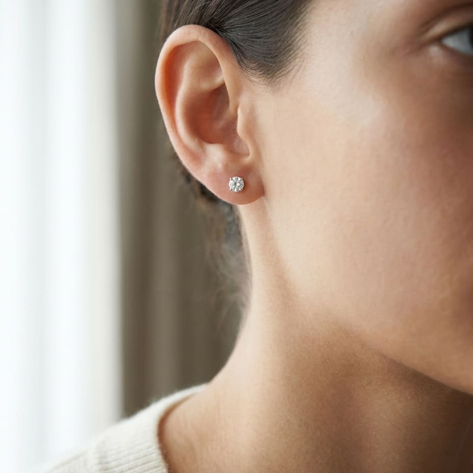 Natural Diamond Round Brilliant Bezel Stud Earrings in Platinum, 2 ct. t.w., worn close-up portrait