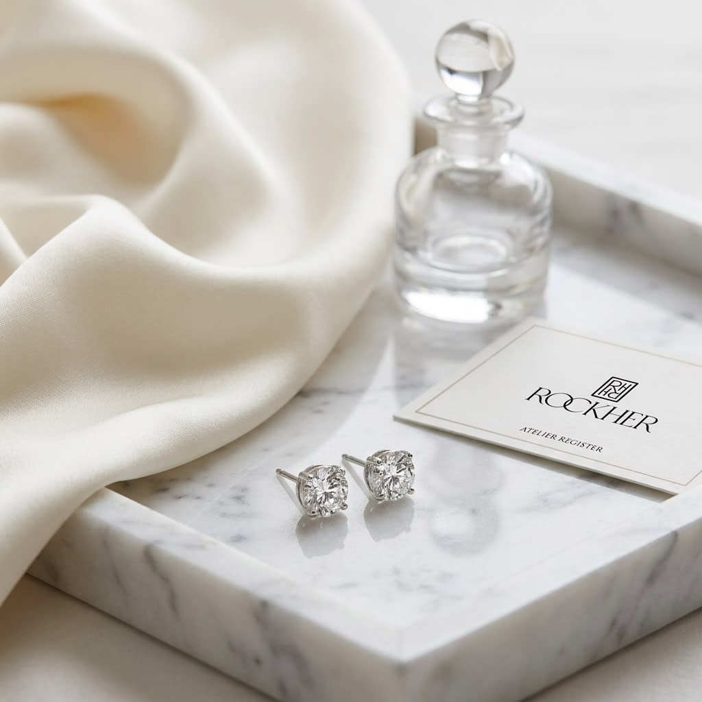 Platinum Bezel Set Round Brilliant Diamond Stud Earrings (0.75 Ct. T.w., Si1-si2 Clarity, H-i Color), on marble vanity tray with silk