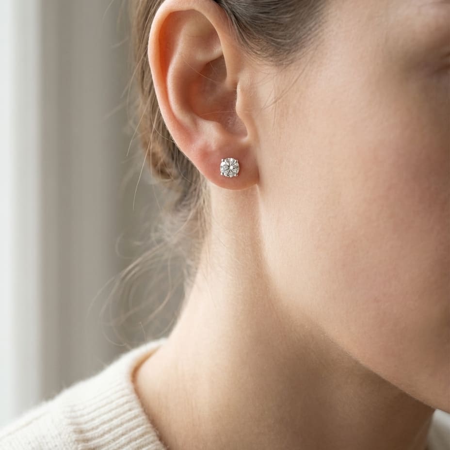 Platinum Bezel Set Round Brilliant Diamond Stud Earrings (1.06 Ct. T.w., Vs1-vs2 Clarity, F-g Color), worn close-up portrait