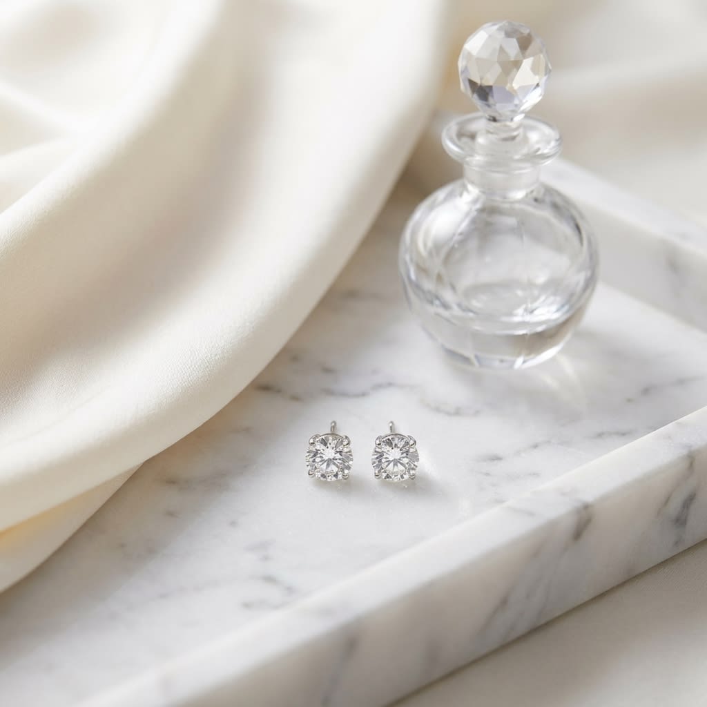 Platinum Bezel Set Round Brilliant Diamond Stud Earrings (1 Ct. T.w., Si1-si2 Clarity, H-i Color), on marble vanity tray with silk
