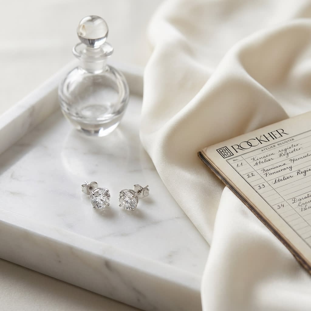 Platinum Bezel Set Round Brilliant Diamond Stud Earrings (1 Ct. T.w., Si1-si2 Clarity, J-k Color), on marble vanity tray with silk