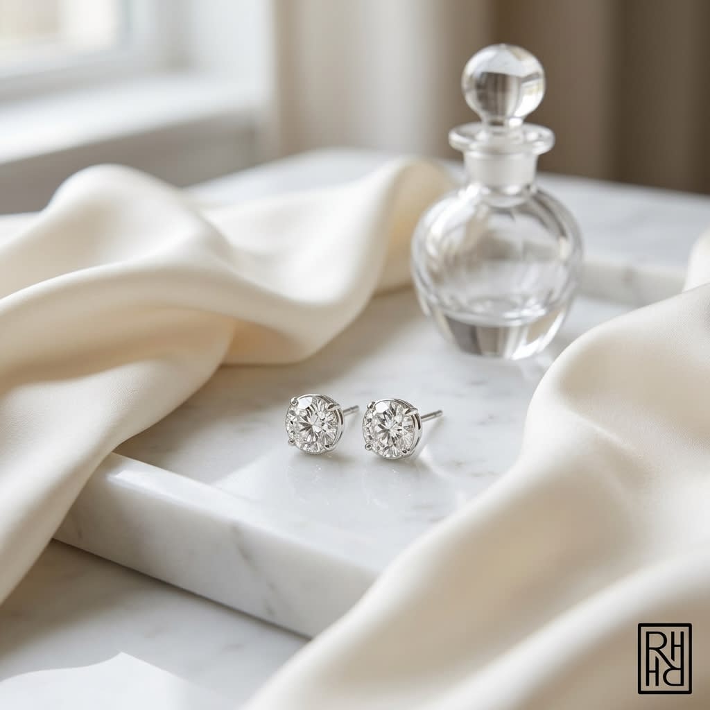 Platinum Bezel Set Round Brilliant Diamond Stud Earrings (1.48 Ct. T.w., Vs1-vs2 Clarity, H-i Color), on marble vanity tray with silk