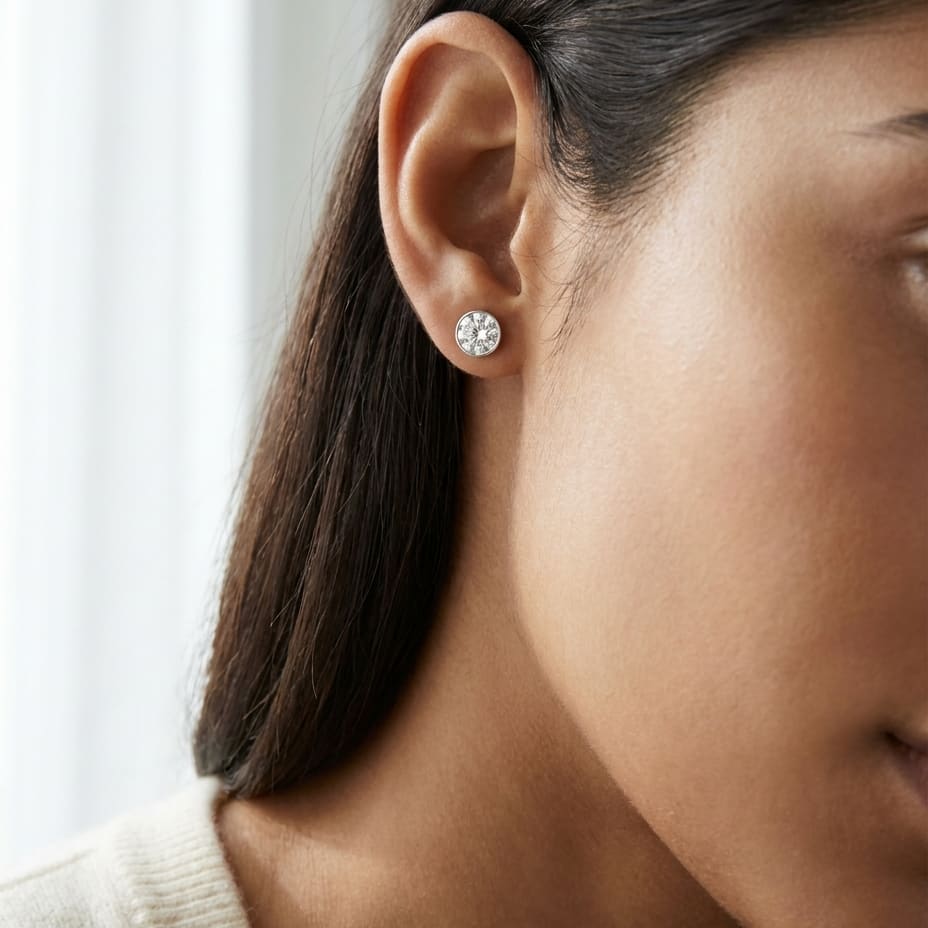 Platinum Bezel Set Round Brilliant Diamond Stud Earrings (2.09 Ct. T.w., Vs1-vs2 Clarity, H-i Color), worn close-up portrait
