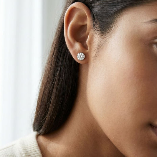 Platinum Bezel Set Round Brilliant Diamond Stud Earrings (2.09 Ct. T.w., Vs1-vs2 Clarity, H-i Color), worn close-up portrait